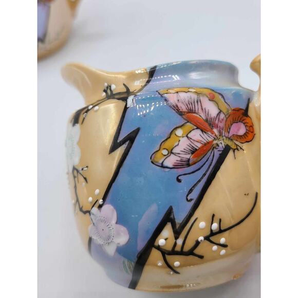 Vtg Hand Painted Japanese Lusterware Set. 3 plates 7 1/4", Sugar Bowl & Creamer - Picture 6 of 14